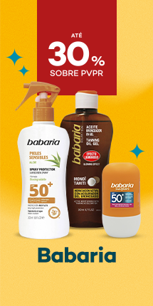 Protetores Solares da marca babaria com destaque promocional at&eacute; 30% sobre pre&ccedil;o de Venda ao P&uacute;blico Recomendado
